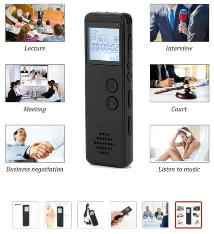Black matte-finish digital voice recorder showing dot-matrix screen, record button, and USB port.
