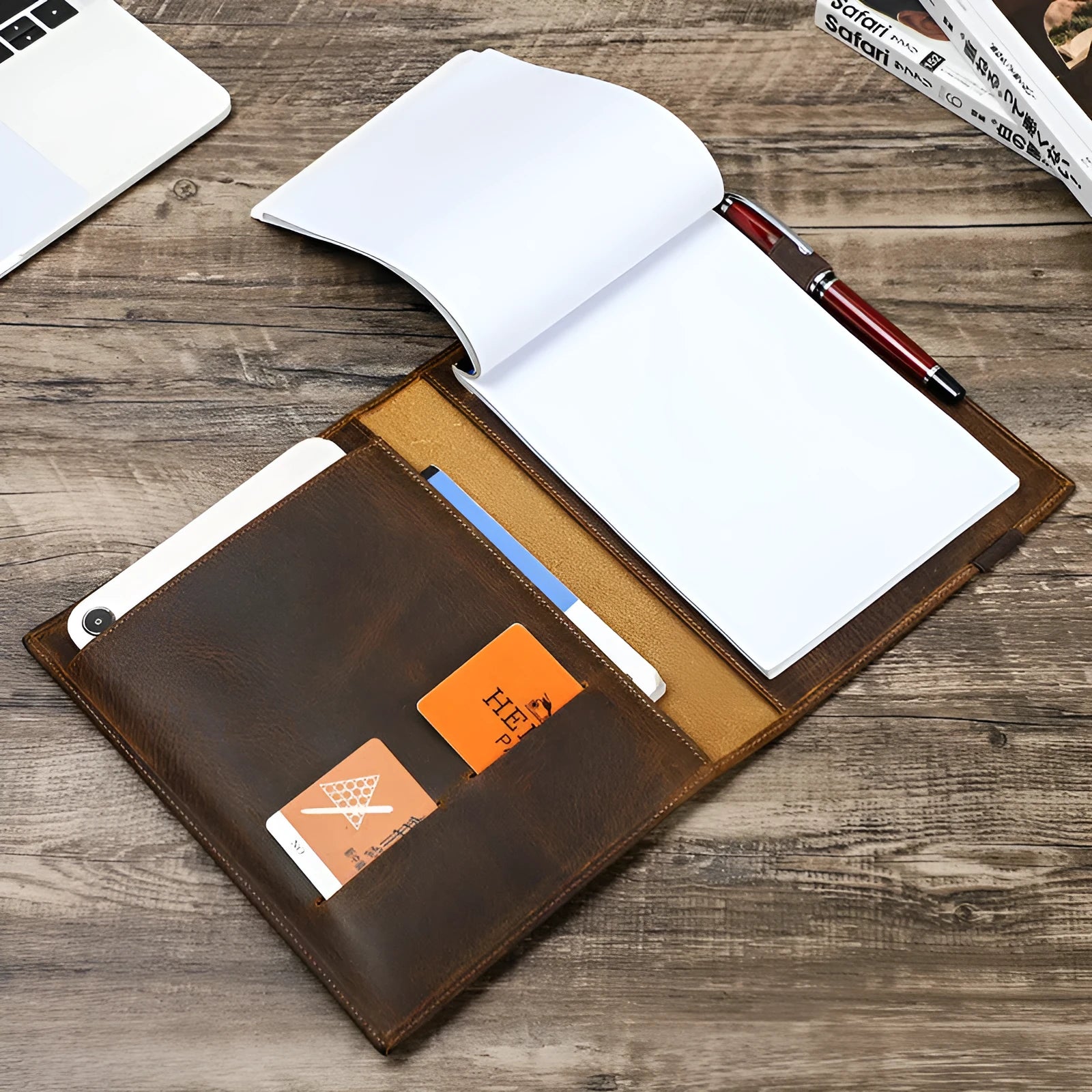 Brown Crazy Horse leather A5 notebook protective sleeve with socket type closure