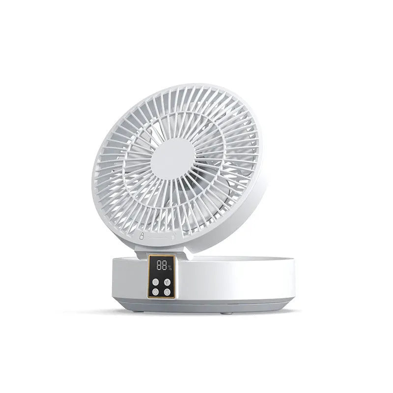 White portable rechargeable folding fan with remote control and warm night light on a desk