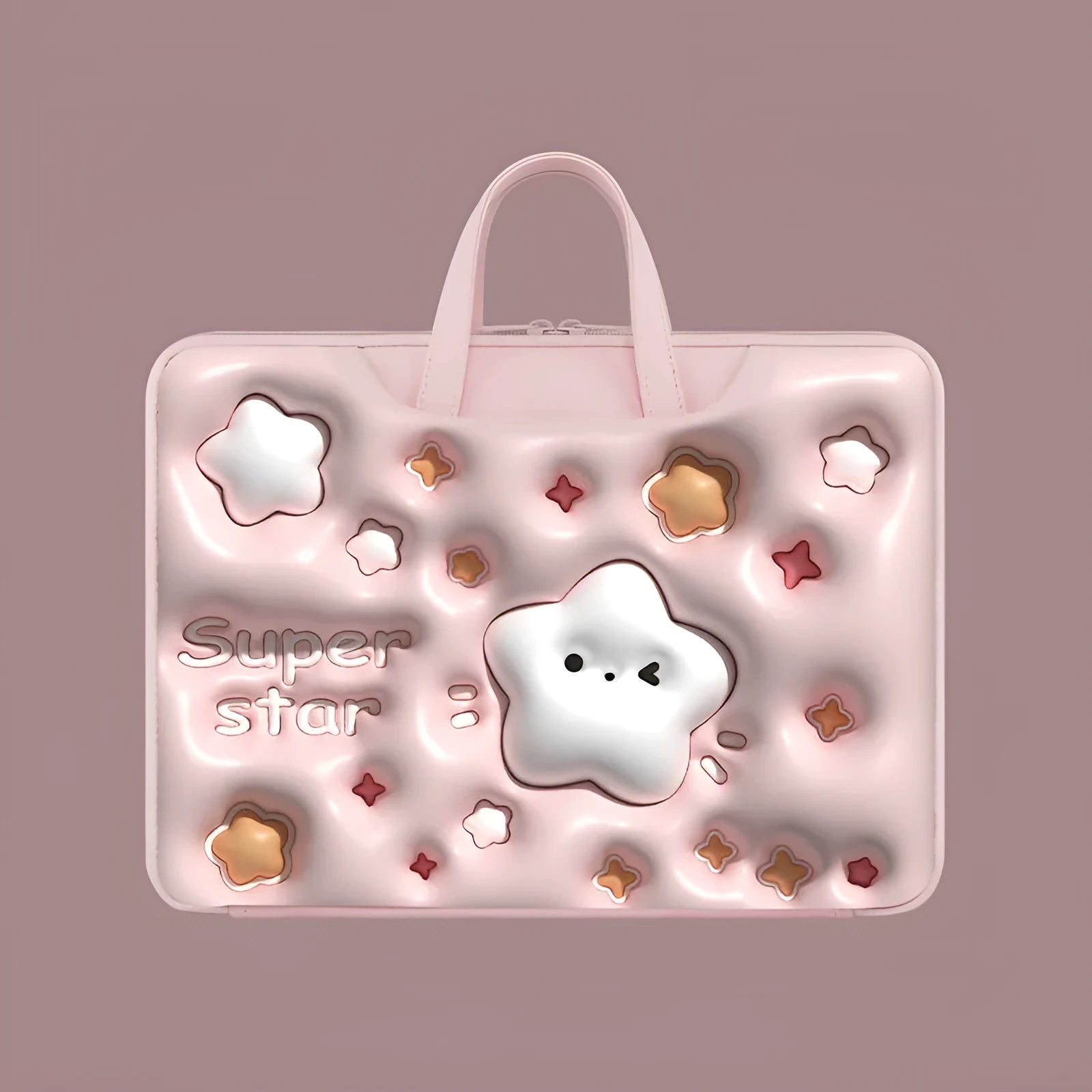 Inflatable laptop bag with strap hanging from suitcase handle, PU leather interior.