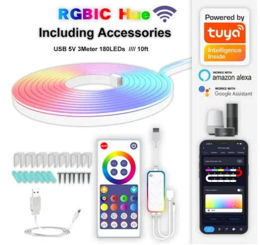 3-metre long flexible RGB LED neon light strip with a remote control on a dark background.