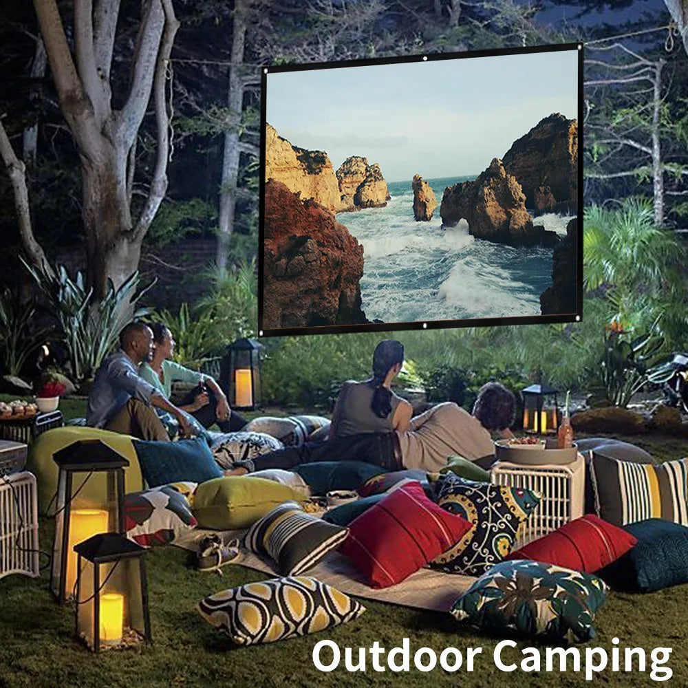 Foldable 16:9 projector screen in white polyester, 60-150 inch sizes, with edge hooks for HD home theatre