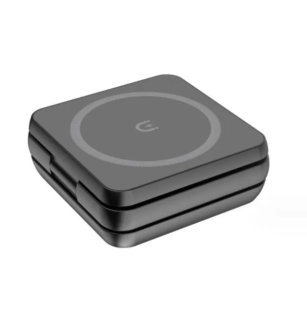 Three-in-one desktop wireless charging bracket showing iPhone, Samsung phone, and Pixel Watch charging simultaneously