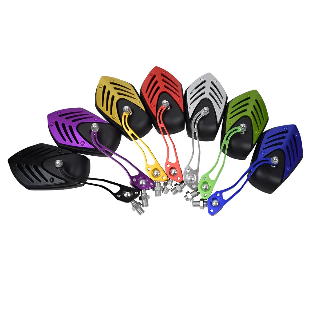 Pair of Ghost Fire motorcycle rearview mirrors, 12cm x 6.7cm clear glass, 13.5cm aluminium stem, ABS housing