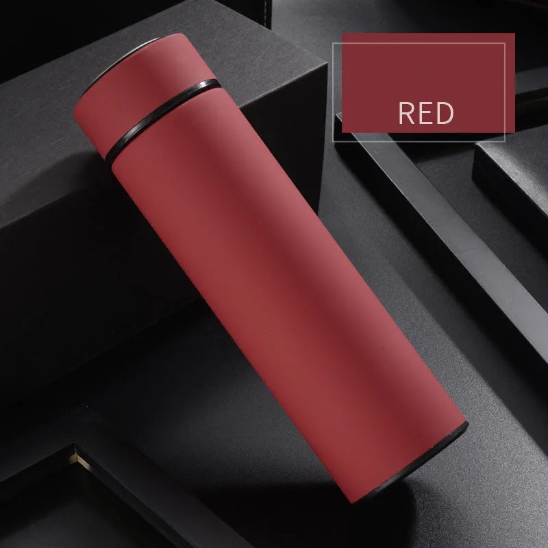 450ml stainless steel water bottle with double wall vacuum insulation in black, red, gold, and blue colour options
