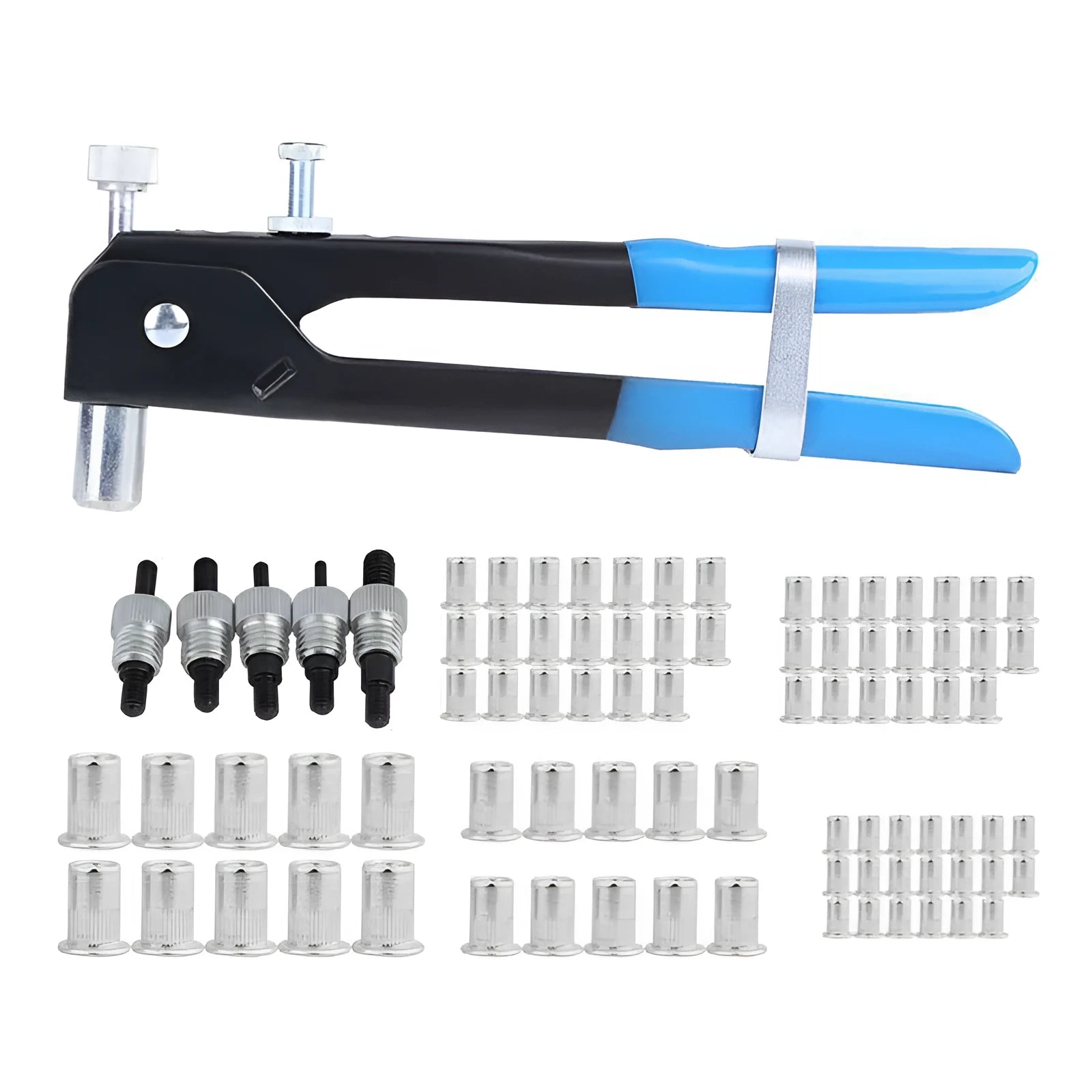 Alloy steel manual riveter tool and assortment of rivet nuts in a set case.
