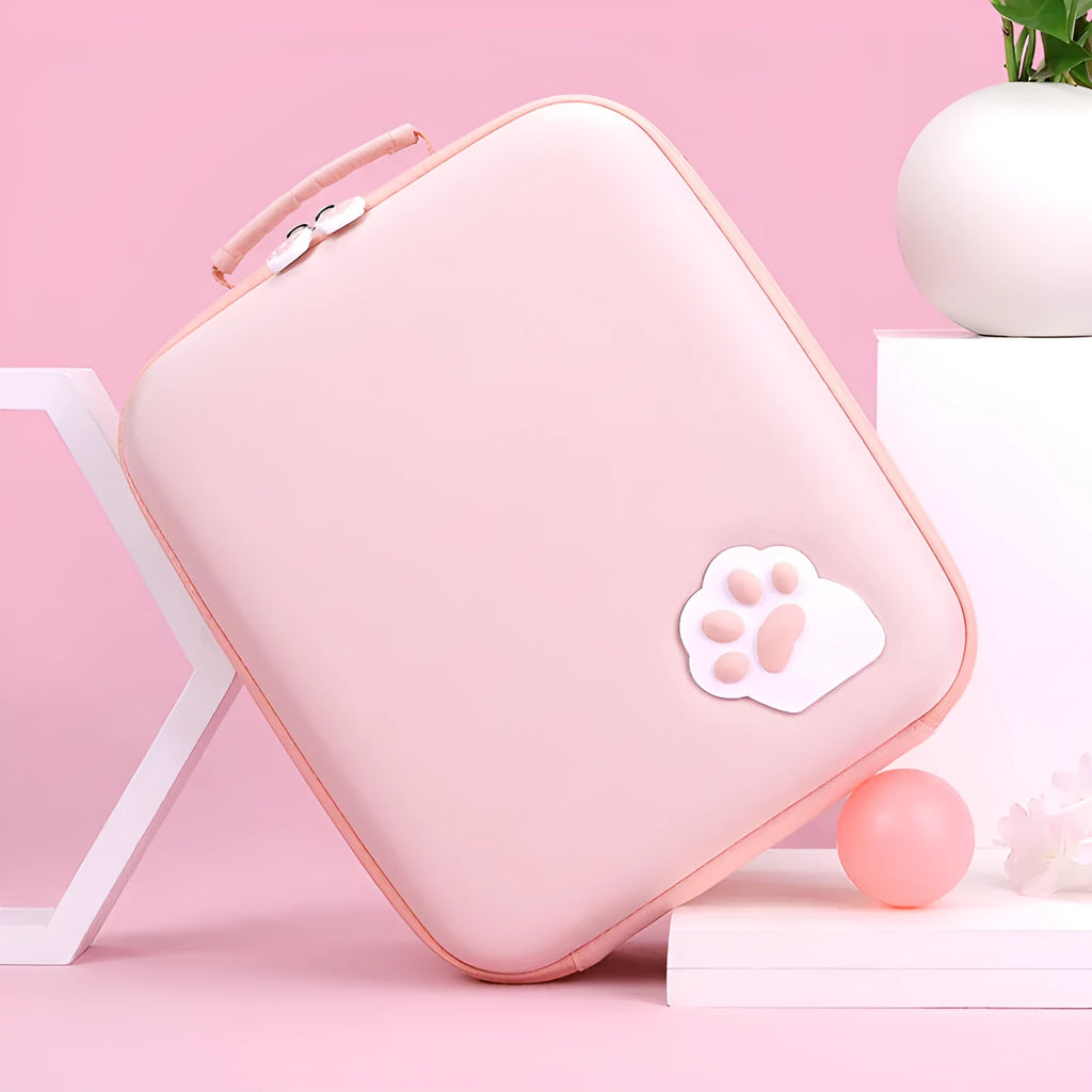 Nintendo Switch storage bag with cat claw print, showing game cartridge slots and diagonal shoulder strap.