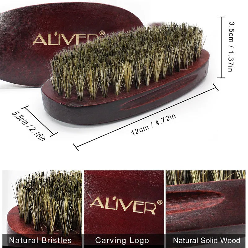 7-piece black beard grooming set with wood brush, metal comb, scissors, apron and cleaning brush on a surface