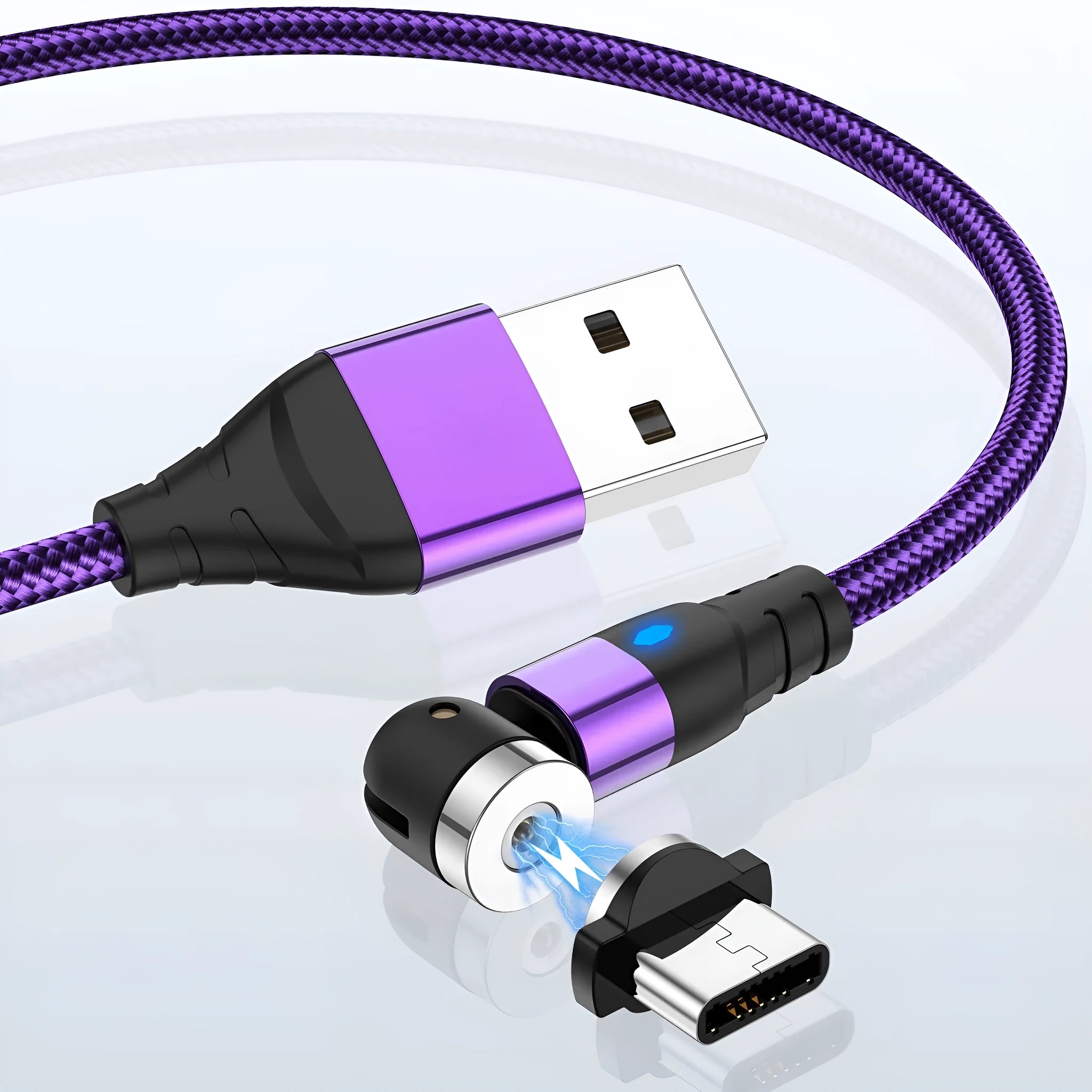 Magnetic charging cable with a rotating diamond lamp connector in silver, shown next to a phone.
