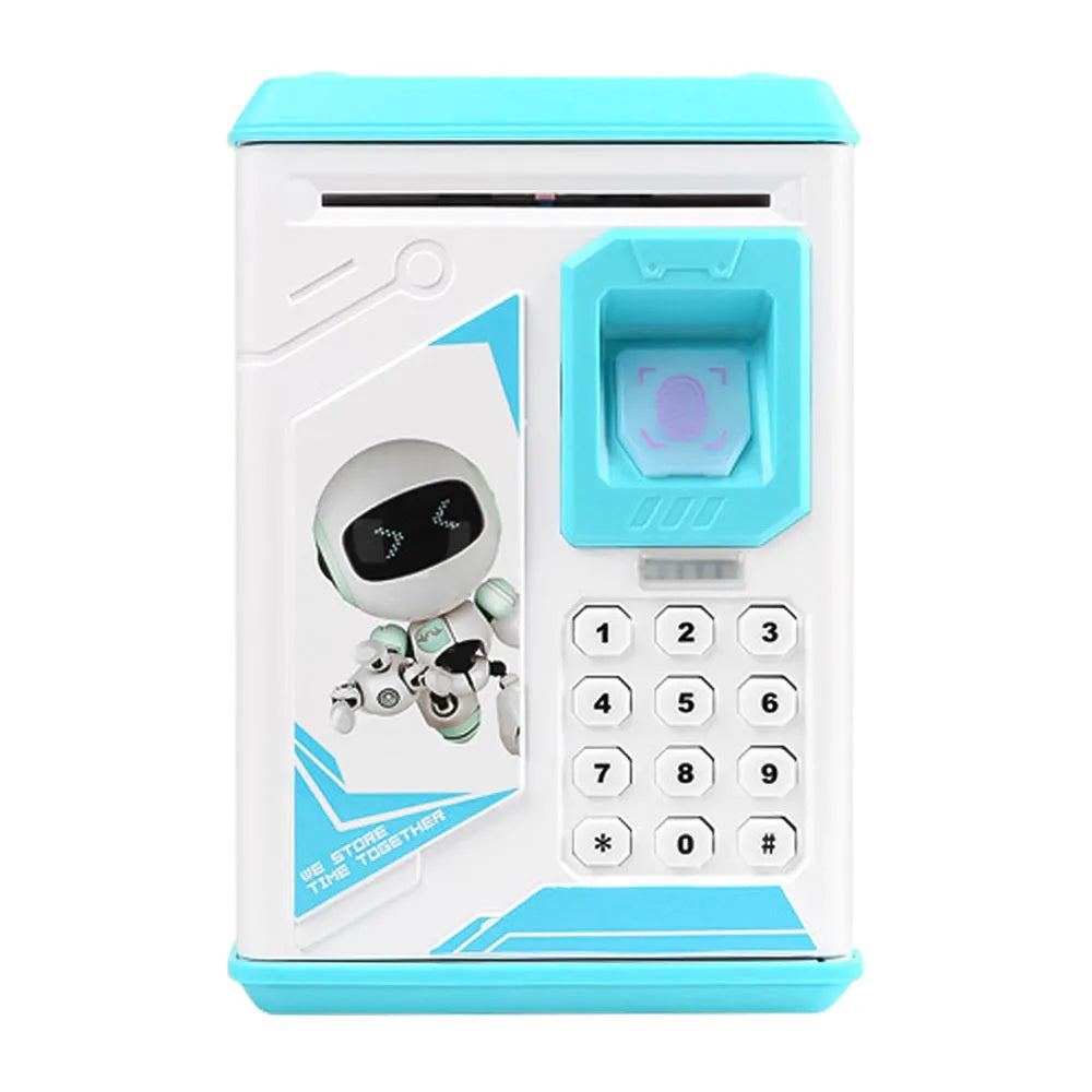 Blue plastic electronic piggy bank with fingerprint scanner and ATM keypad, 13cm height