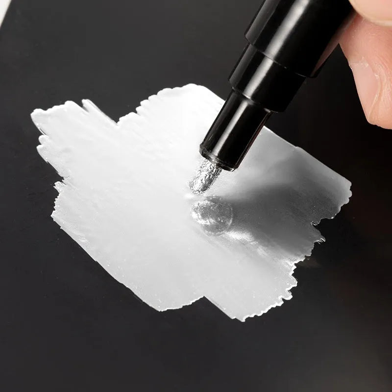 Waterproof mirror marker pen with plastic cap, shown with 1mm and 2mm tip size options.