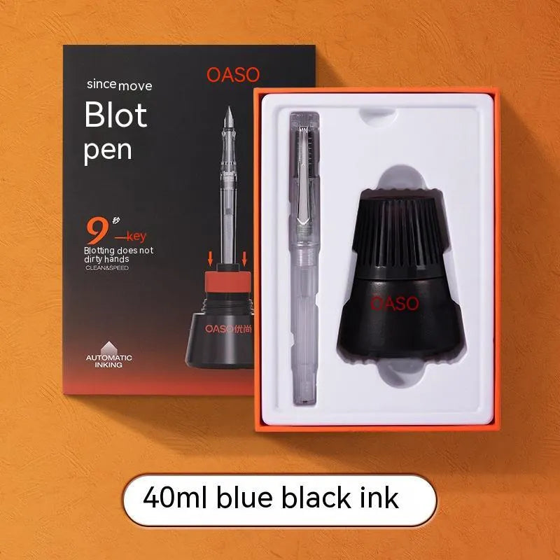 Student automatic suction pen set with plastic shell, 0.38mm and 0.5mm heads, ink feeder, and carrying handbag