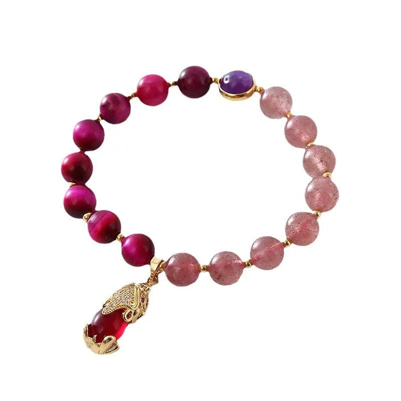 Simple strawberry crystal bead bracelet on a black elasticated rope for women