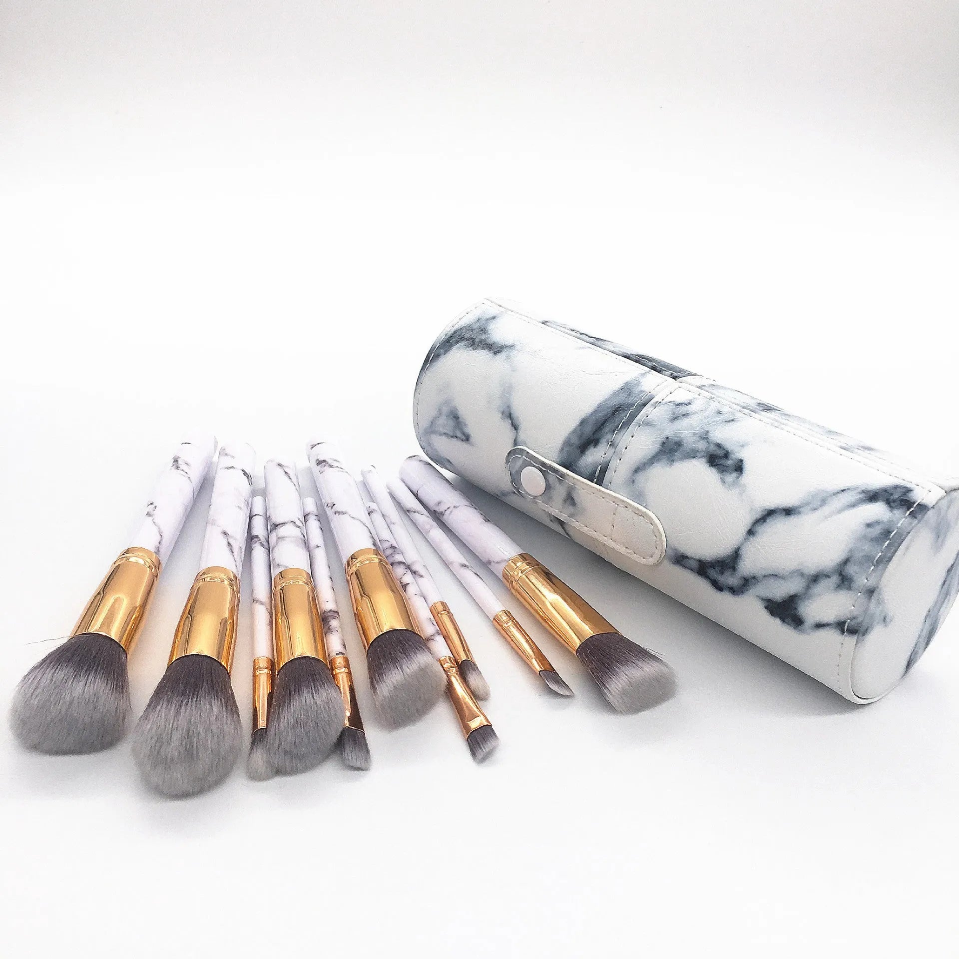 10-piece marble pattern makeup brush set with bag including large and small synthetic bristle brushes