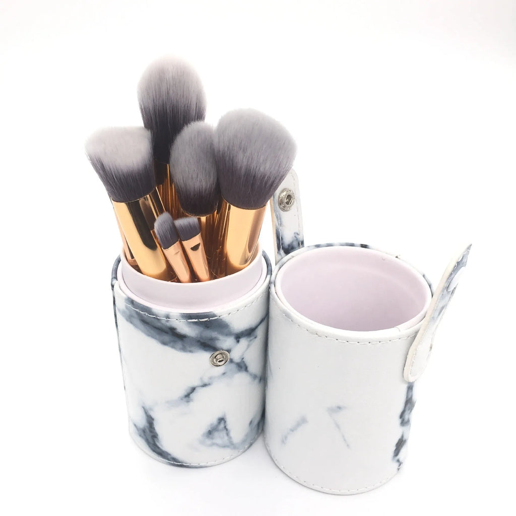 10-piece marble pattern makeup brush set with bag including large and small synthetic bristle brushes