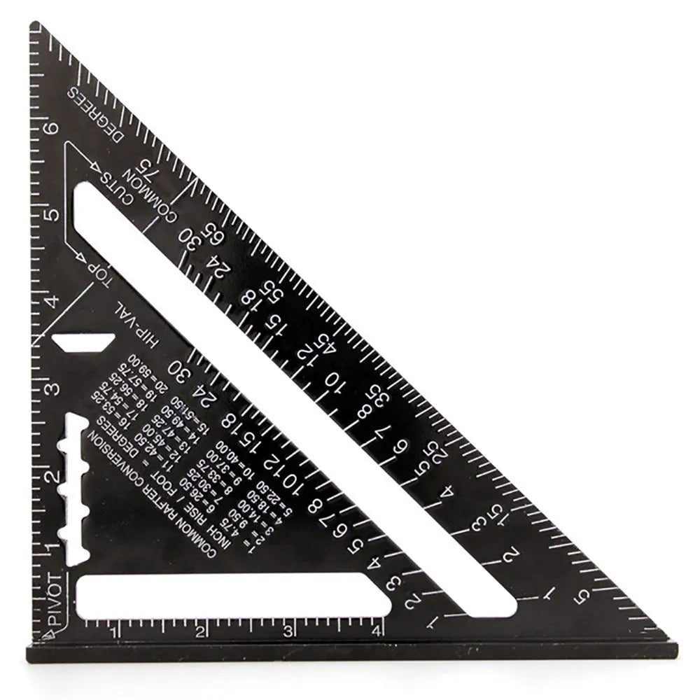 Aluminium alloy woodworking measuring square 7 inch thickened triangle ruler 90 degree black colour on white background