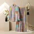 Women's geometric print long sleeve trousers suit set in picture colour, polyester fabric with buttons