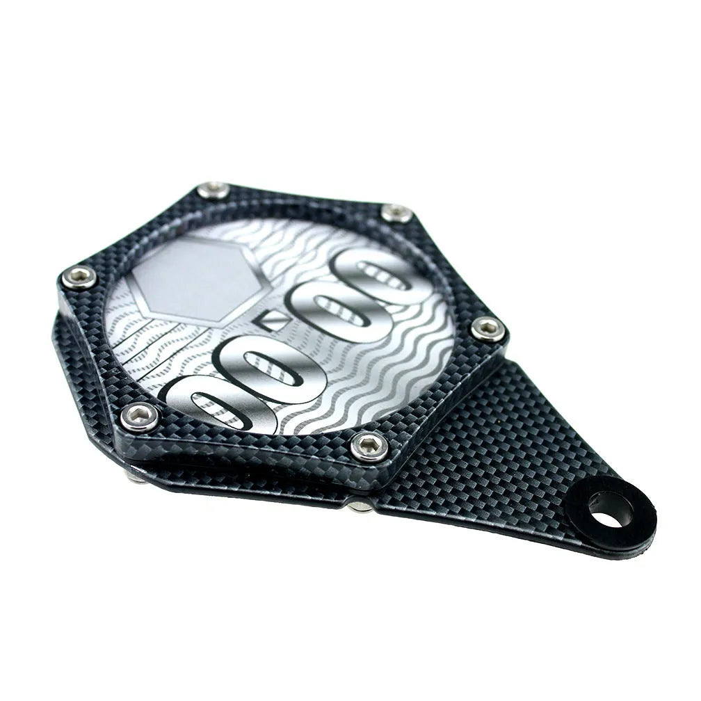 Black carbon fibre pattern motorcycle petrol cap cover seal with anti-theft six-corner screw.