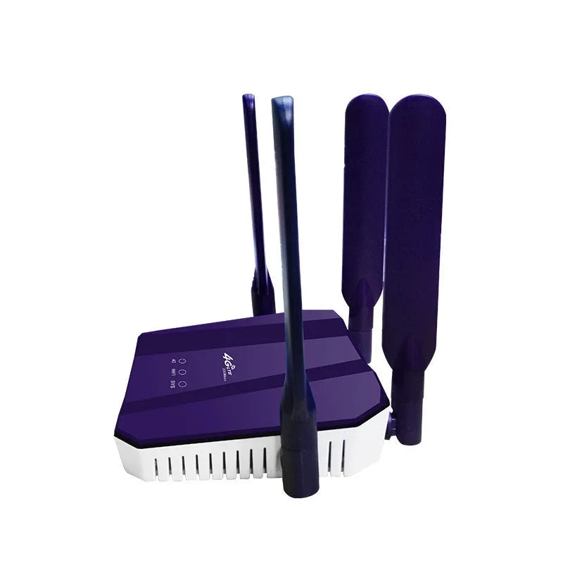 Blue 4G dual mode wireless router with four external antennas, showing compact size.