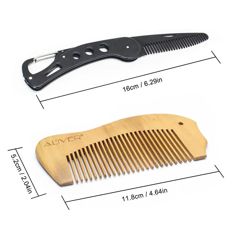 7-piece black beard grooming set with wood brush, metal comb, scissors, apron and cleaning brush on a surface