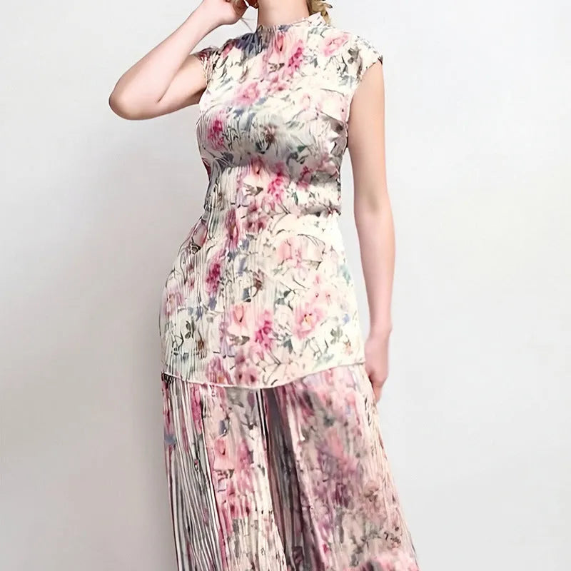 Long sleeve high waisted printed chiffon dress set shown in picture colour.