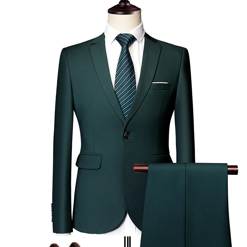 Men's business casual suit two-piece set in blazer and trousers, polyester fabric, loose fit, available in multiple colours