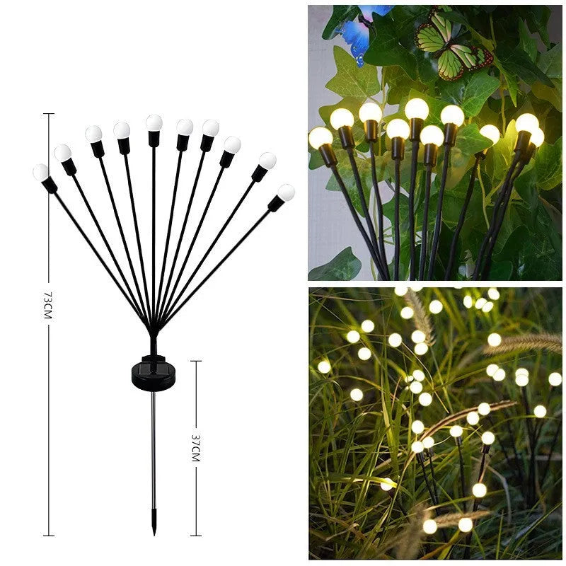 Solar-powered LED firefly ground lamp with multiple light heads for garden pathway illumination