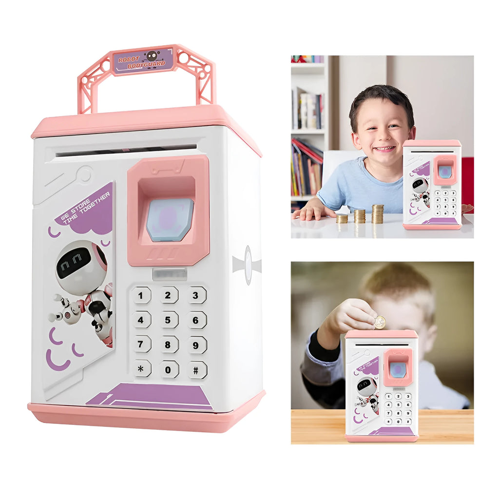 Blue plastic electronic piggy bank with fingerprint scanner and ATM keypad, 13cm height