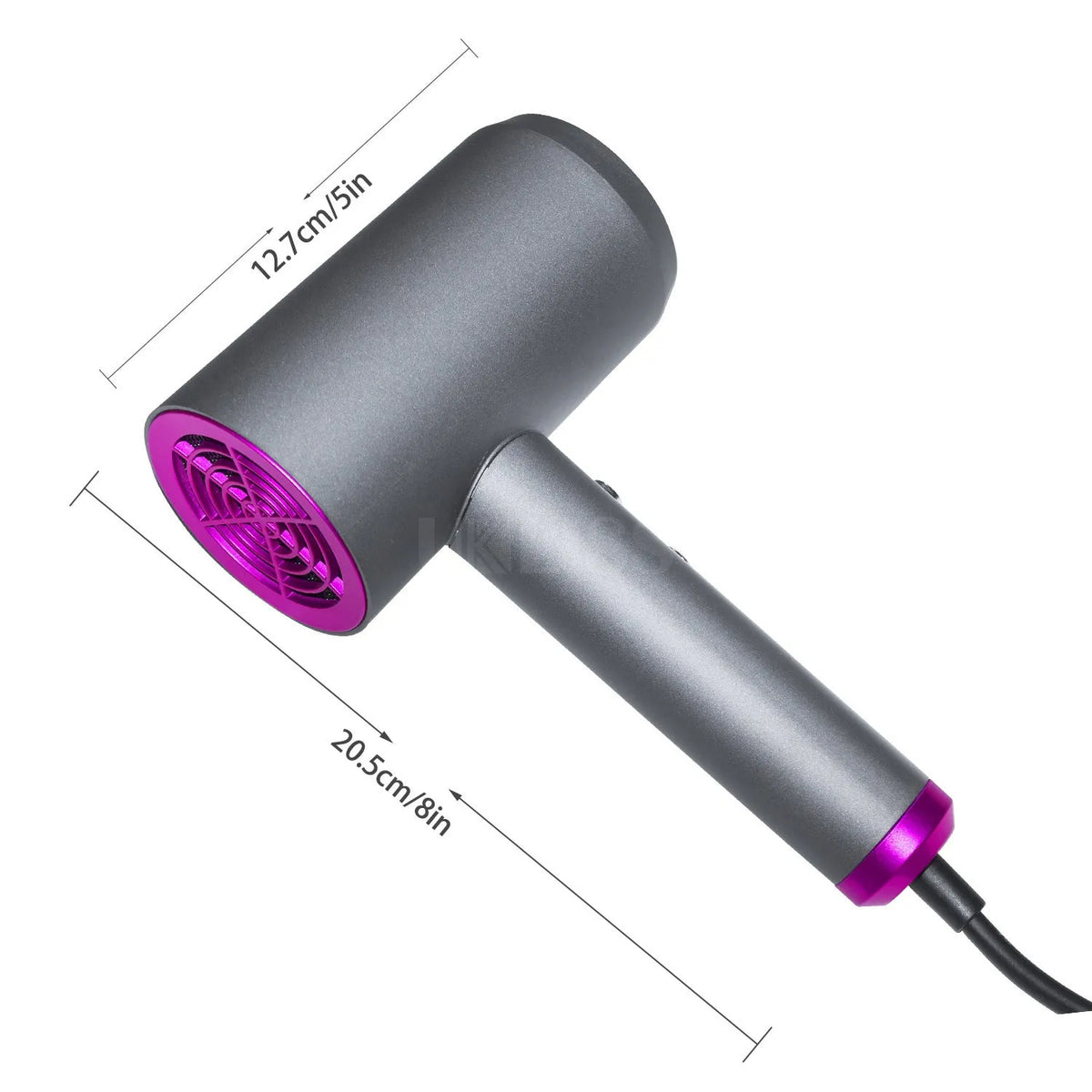 Grey PA nylon hair dryer with hot and cold air, three speed gears, diffuser and air collector, EU or US plug