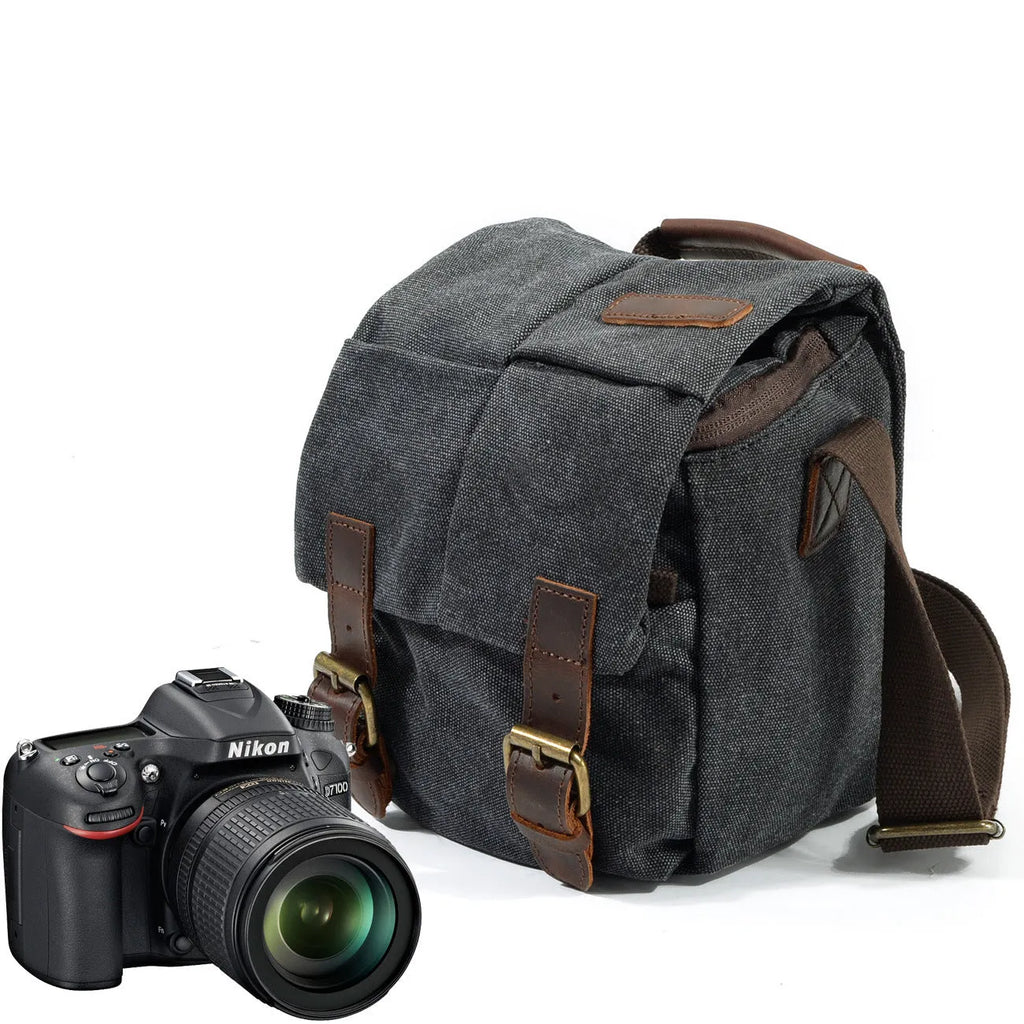One-shoulder retro canvas waterproof camera bag for Canon SLR in dark grey