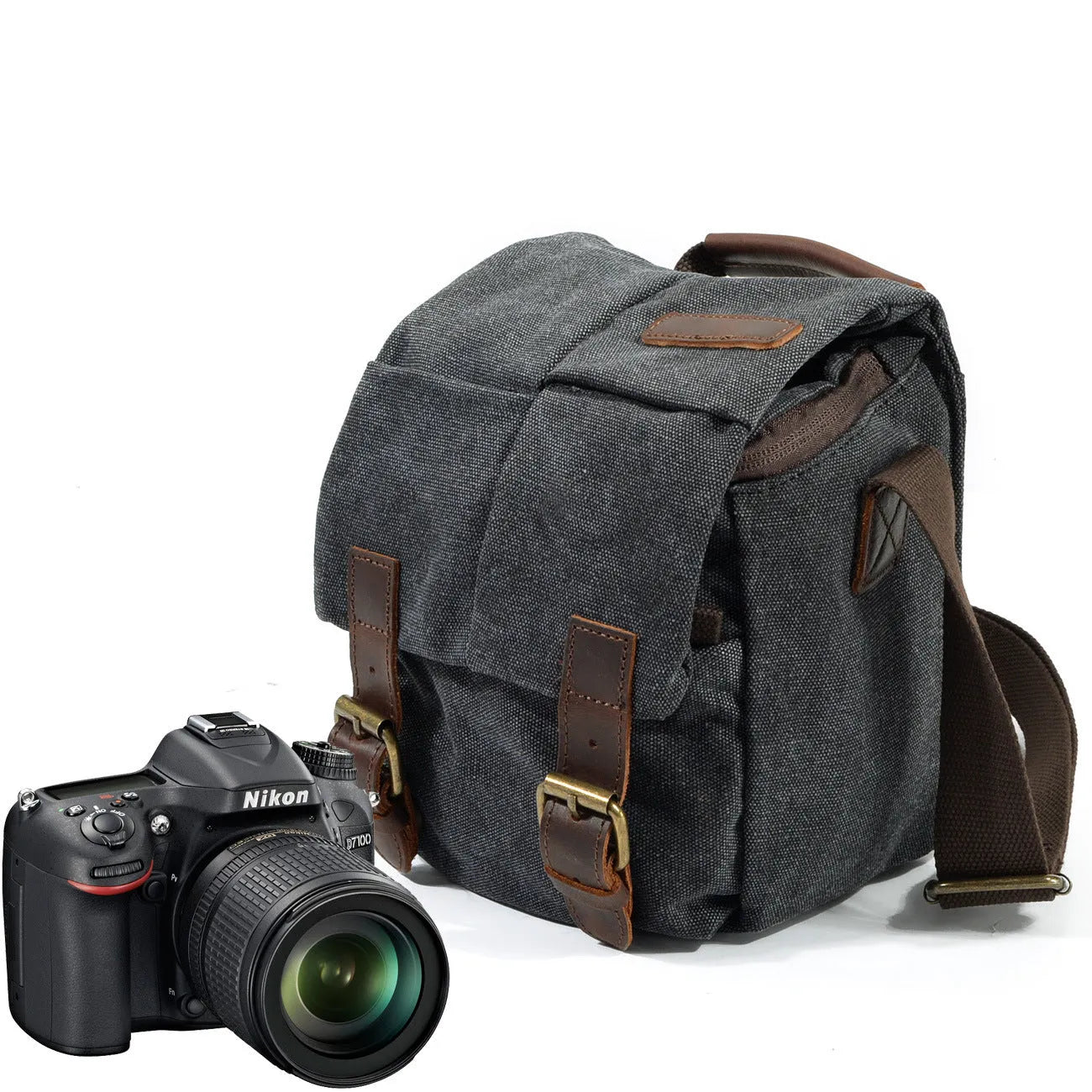 One-shoulder retro canvas waterproof camera bag for Canon SLR in dark grey