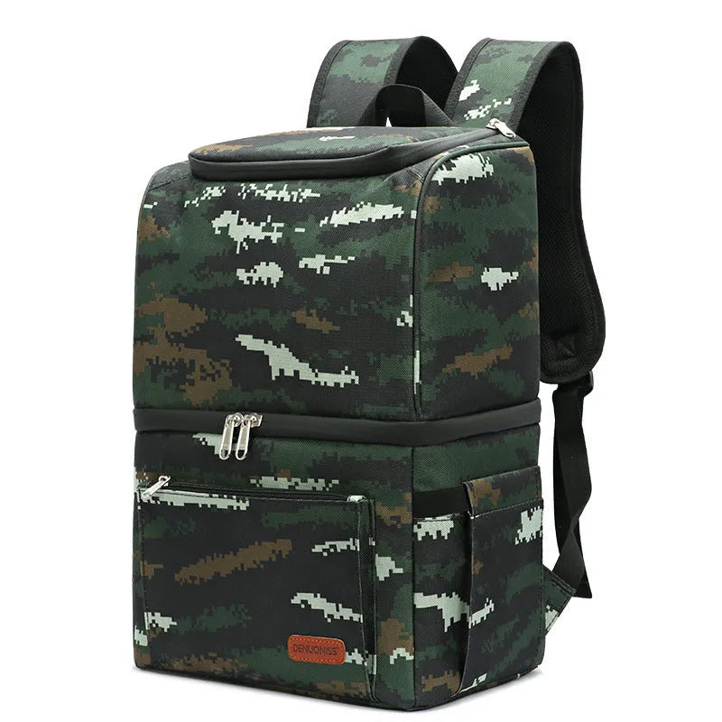 Double-layer insulated blue backpack with 22L capacity and a removable ice pack for picnics.