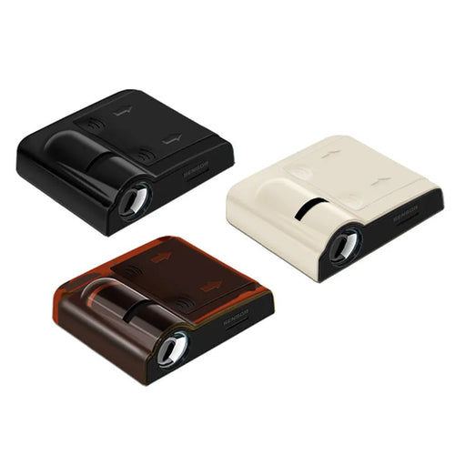 Black and beige ABS plastic car projection lamp showing 6.5cm length with battery compartment and universal mounting