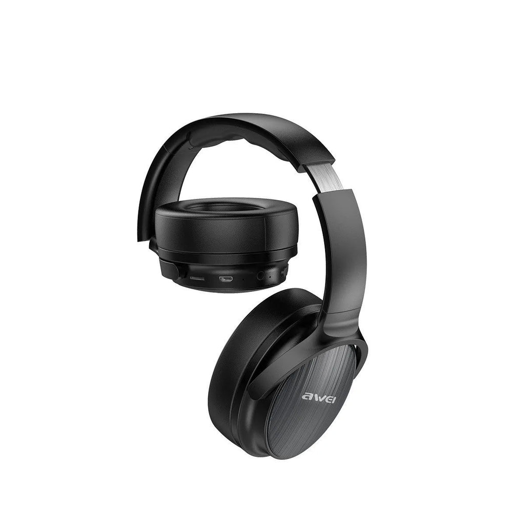 Black foldable wireless Bluetooth 5.0 over-ear headset with 250mAh battery, 15-hour playtime and wired mode