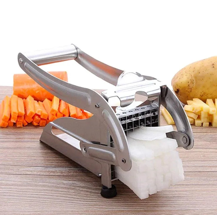Potato cutter chopper with two stainless steel blades and non-slip rubber foot in kitchen setting