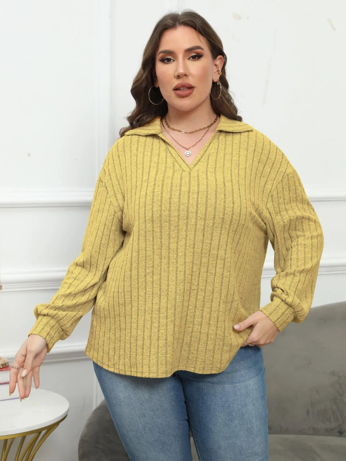 Women's plus size polo collar bottoming shirt in melange gray velvet dyed polar fleece with lantern sleeves