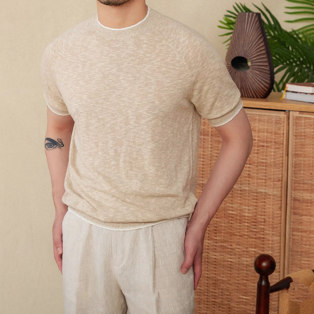Casual linen cotton t-shirt with round neck and short sleeves in brown colour