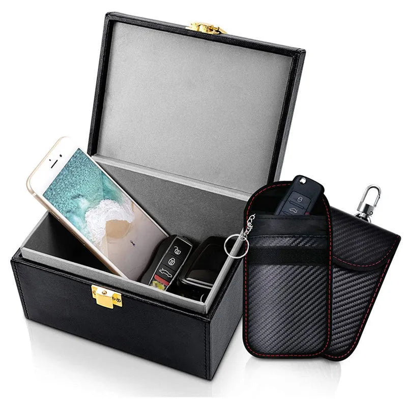 Carbon fibre RFID shielding box and two matching key cases with nano protection lining