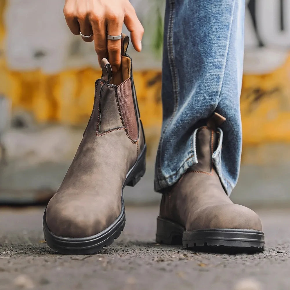 Vintage brown frosted PU leather Chelsea boots for men and women with car stitch detail and low heel.