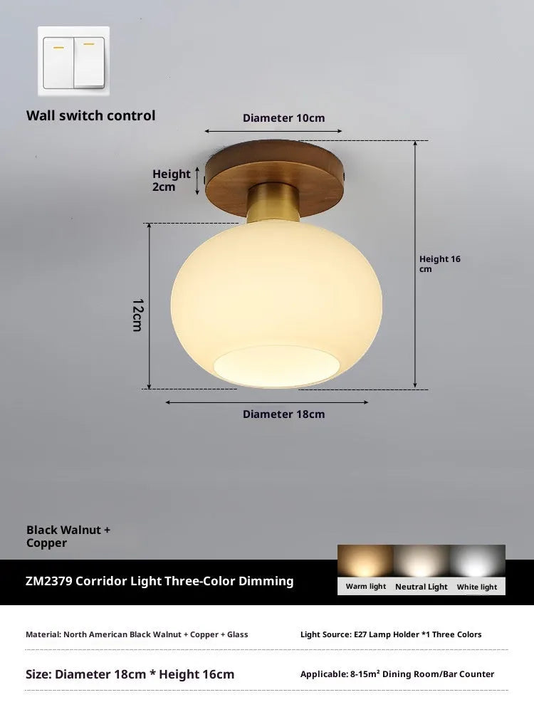 Walnut brass ceiling lamp with 5 watt bulb for corridor and balcony, light luxury style