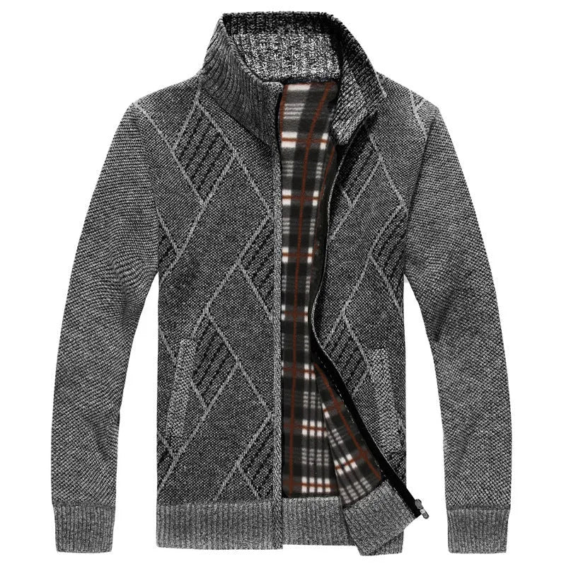 Men's thick cotton blend stand collar zipper cardigan sweater in light gray, long sleeves, size M to 3XL