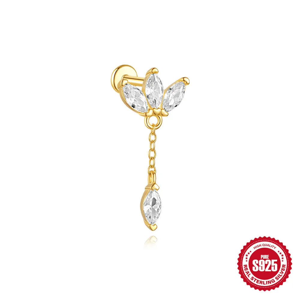 Geometric water drop shaped S925 sterling silver earrings with a flat spiral puncture back, in a gold electroplated finish.
