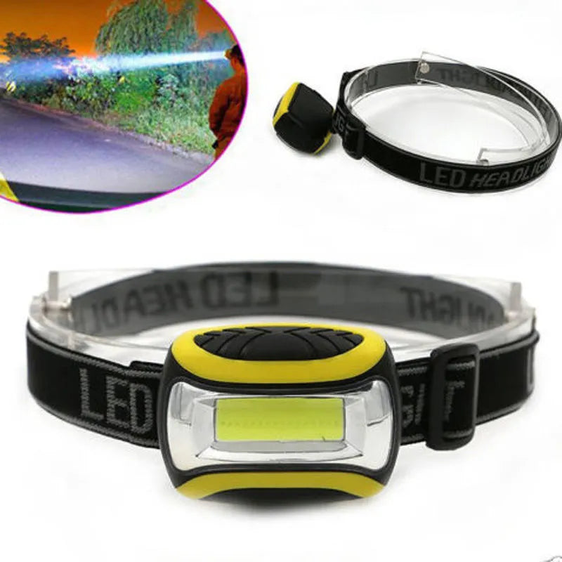 Yellow Major brand headlamp with COB LED light source and adjustable strap for outdoor use.