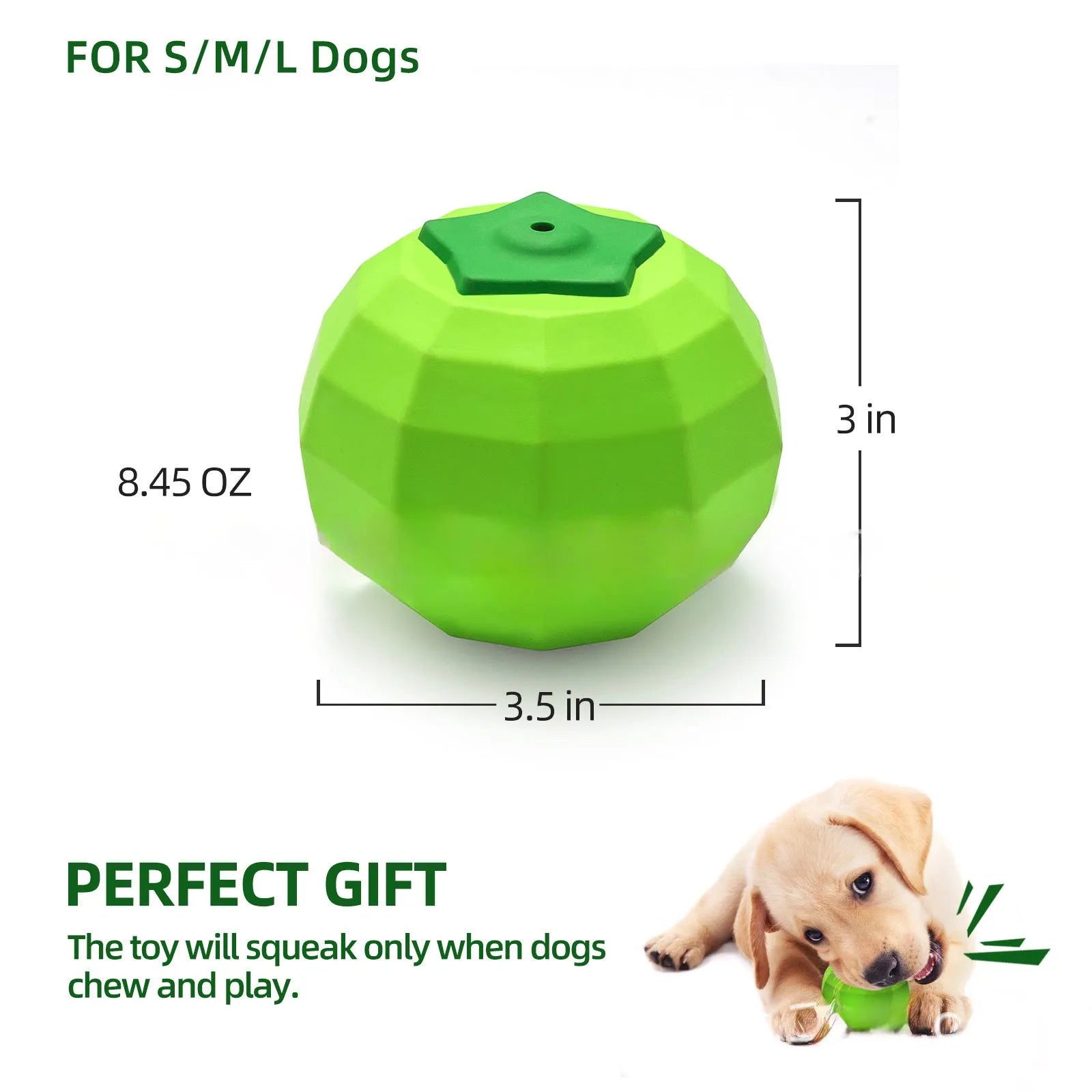 Green natural rubber squeaky dog chew ball for large aggressive chewers on a white background.