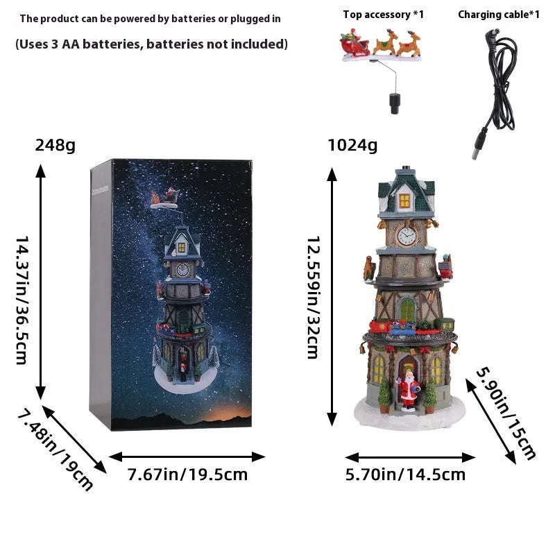 Christmas resin luminous rotating music box decoration, 32cm high bell tower ornament with music and battery base