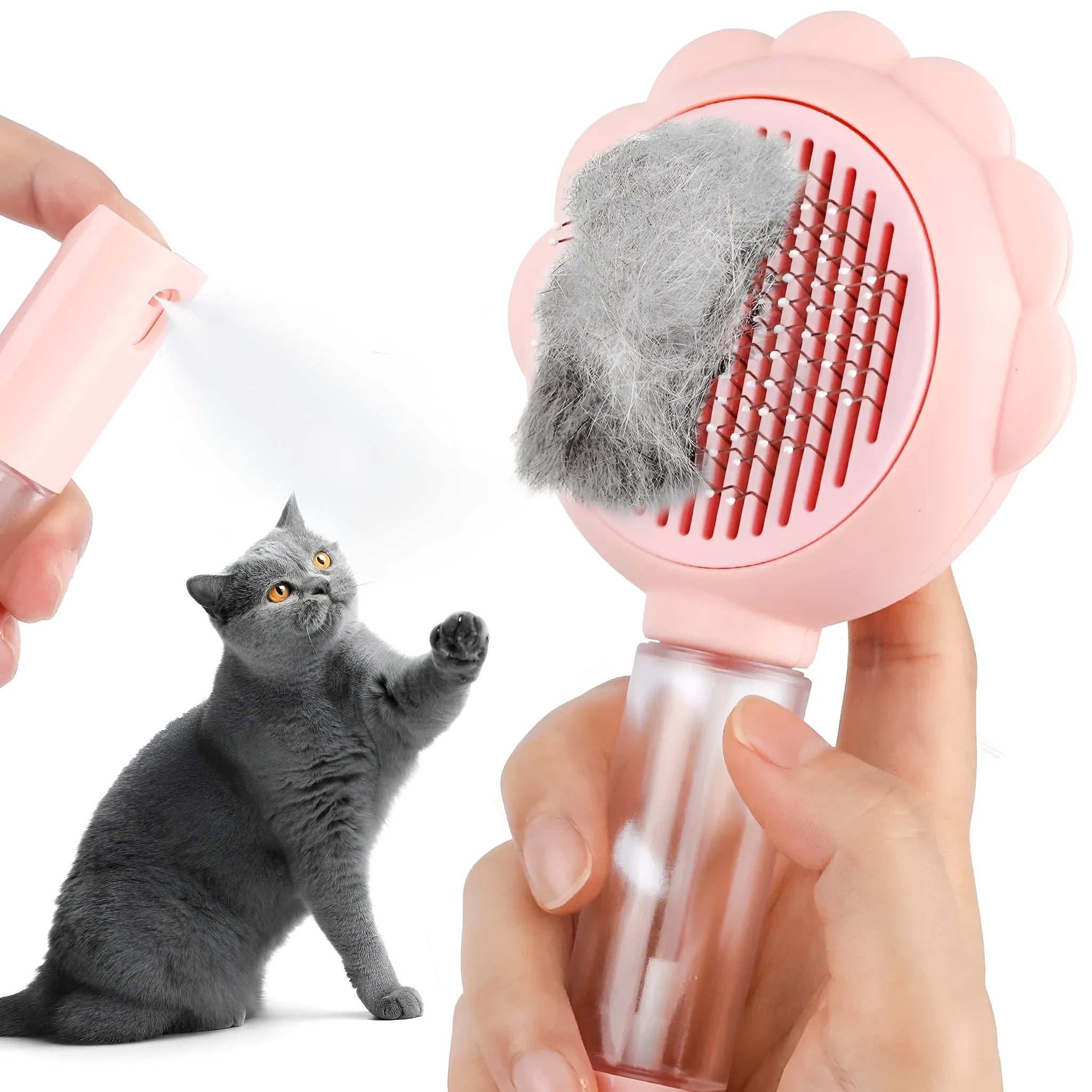 Grey spray cat brush with release button for grooming pets and removing loose hair.