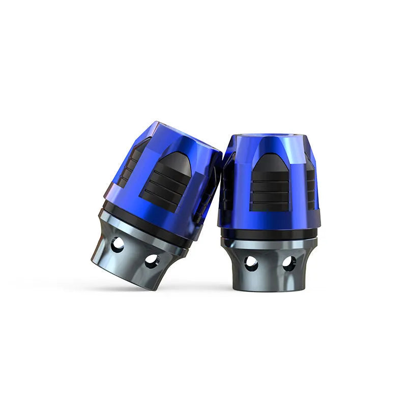 A pair of anodised aluminium alloy fork cups for motorcycle or electric car front axles.