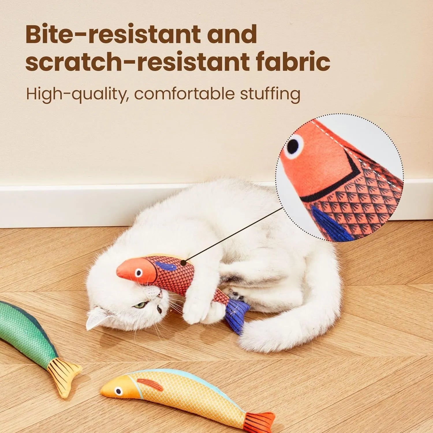 Plush green saury fish cat toy with organic catnip filling on a white background.