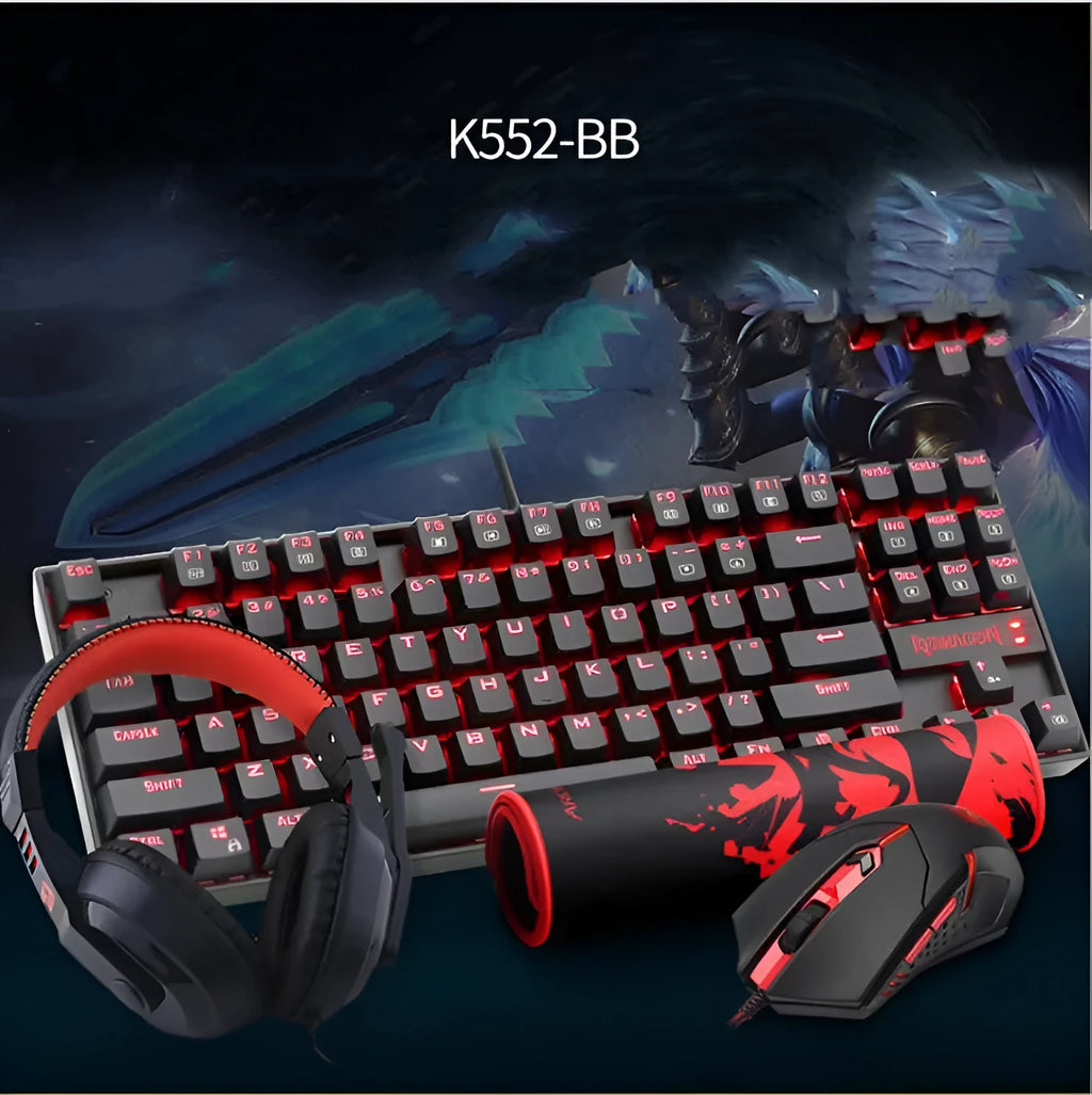 Monochrome luminous wired mechanical green axis keyboard set with mouse and headphones on a desk