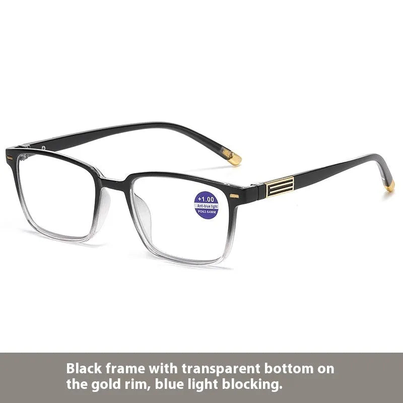 Multifocal blue light reading glasses with photochromic lenses in a black and silver frame style.
